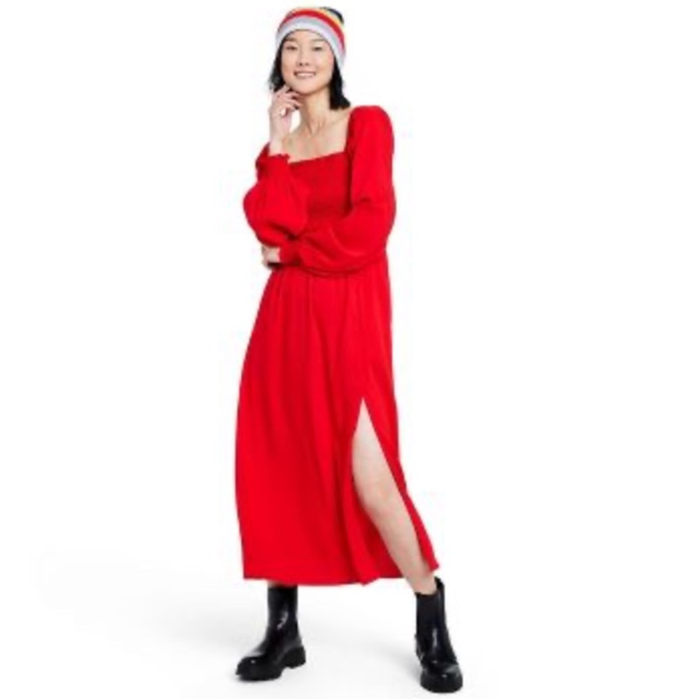 La Ligne x Target Dress Small Red Smocked Bodice Side Slit Pockets Midi NWOT